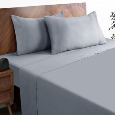 Imagem de ELEATZ Jogo de cama 100% algodão egípcio 4 peças 800 fios cetim 45,7 cm bolso profundo - naturalmente fresco, macio, respirável, sem comprimidos, elástico para todas as estações - cinza king size