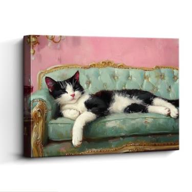 Imagem de Decoração de gato para amantes de animais de estimação – Impressão artística de gato preto e branco dormindo no sofá de 38 x 30 cm – Decoração de parede ou mesa de papel laminado sem moldura para sala