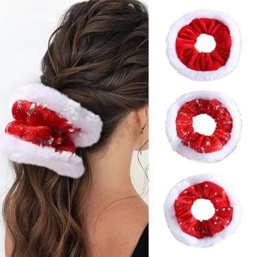 Imagem de 3 peças de laços de cabelo de Natal elásticos de veludo elásticos para rabo de cavalo, lantejoulas vermelhas de Natal, cordas de cabelo para mulheres, meninas, acessórios de cabelo de Natal (vermelho