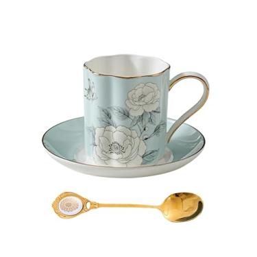 Imagem de PANAOAHU Conjunto floral de xícara de chá e pires, xícara de porcelana e pires com colher, elegante xícara de café de porcelana com acabamento dourado, caneca de café de grau alimentício para mulheres