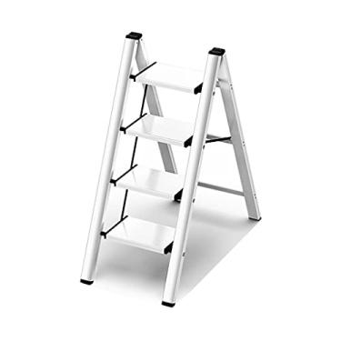 Imagem de Escadas dobráveis escadas de 4 degraus escada moderna revestimento de madeira escada escada dobrável escada com pedal antiderrapante largo portátil para casa, escritório escada resistente (cor: Escada