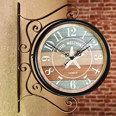 Imagem de Relógio de parede redondo marrom de ferro forjado com aparência antiga dupla face retrô de duas faces, lustre redondo, relógio para pendurar na parede, decoração de casa, relógio de parede