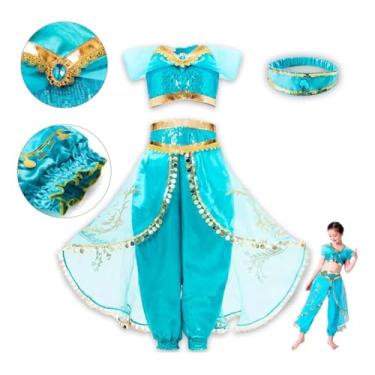 Imagem de Fantasia Princesa Jasmine Infantil Conjunto Odalisca Tema Aladdin Festa de Aniversário Dia das Crianças Presente Menina Carnaval Bloquinho (GG)