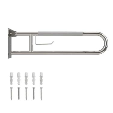 Imagem de Barra de apoio para vaso sanitário, barra dobrável com suporte de papel, barras de apoio antiderrapantes serrilhadas para banheiro, corrimãos de aço inoxidável para idosos com deficiência e grávida