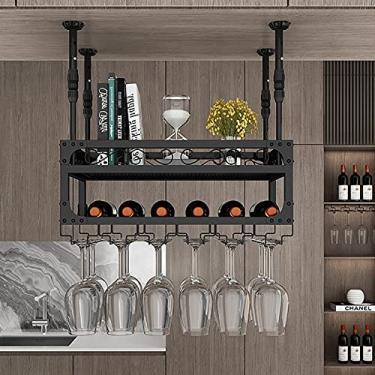 Imagem de Prateleira suspensa, rack de vinho pendurado, suporte de taça de teto duplo de ferro resistente e estável, a lança pode ser ajustada de 30 a 60 cm de altura para decoração de casa