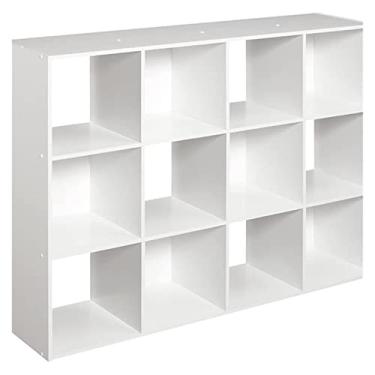 Imagem de Estante de madeira para livros, estante de madeira, suporte de prateleira de armazenamento de 3 camadas, branco/marrom escuro, 12 caixas de armazenamento de cubos, estantes de madeira, estantes de