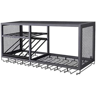 Imagem de Prateleira de vinho preta com suporte de vidro | Suporte de parede para copos de vinho | Suporte suspenso para garrafa de vinho | Cubo de prateleira de parede para bar e cozinha