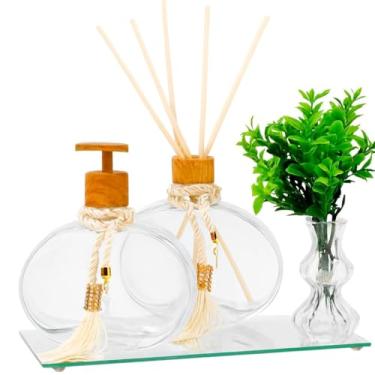 Imagem de Kit Lavabo Vidro 300ml Luxo C/Bandeja Porta Sabonete Difusor e Enfeite Decoração- Decoração Banheiro Elegante e Cristalino (Amadeirado c/Vaso)