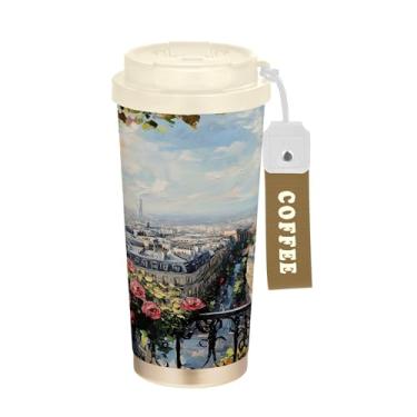 Imagem de SEHANY Caneca de viagem Torre de Paris em aquarela de 500 ml Copos de café reutilizáveis revestidos de cerâmica com tampa à prova de vazamento, parede dupla, isolamento a vácuo, copo de café de aço