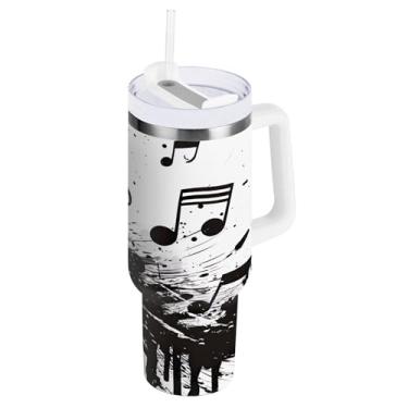 Imagem de xigua Music Notes Copo de 850 g com tampa e canudo, aço inoxidável de vácuo duplo isolado garrafa de água esportiva suporte para copo de café de viagem à prova de vazamento para bebida gelada