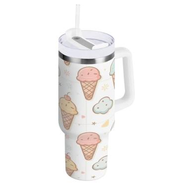 Imagem de Blueangle Copo isolado de 850 g com alça e tampa de canudo - Caneca de viagem de aço inoxidável à prova de vazamento, garrafa de água com padrão de sorvete a vácuo de parede dupla (588)