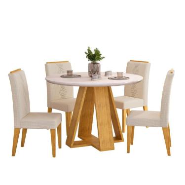 Imagem de Conjunto Sala De Jantar 4 Cadeiras Tampo Redondo Com Vidro Kiara Cedro Off White Yasmin Linho Neve - Dj Móveis