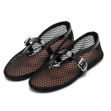 Imagem de Sapatilhas femininas de malha com fivela e alça de fivela confortáveis sapatos femininos arrastão transparente de largura larga sem cadarço vestido casual Mary Jane Flats outono 2025, Preto, 38