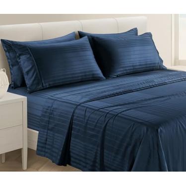 Imagem de Casa Platino Conjunto de lençóis 100% algodão tamanho casal - 6 peças (1 lençol liso, 1 elástico, 4 fronhas) - listrado 500 fios - conjunto de lençóis de cama de trama de cetim, adequado para pessoas