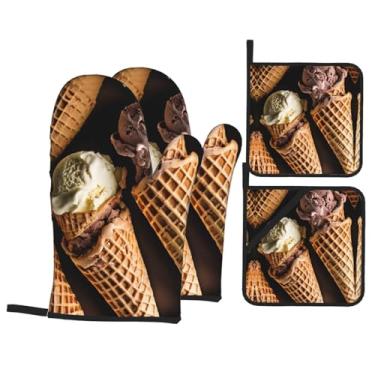Imagem de Conjunto de luvas de cozinha estampadas para sorvete com suportes de tampa, luvas de forno resistentes ao calor para manusear panelas quentes, grelhar, churrascos, kit de 4 peças.