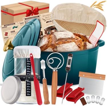 Imagem de Panela de forno holandês de ferro fundido esmaltado com tampa, incluindo suprimentos de cozimento de pão de fermento como cesta à prova de pão Banneton, pote iniciante, ferramenta de pontuação lame