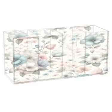 Imagem de Burbuja Porta-canetas de acrílico com flores em aquarela, 4 compartimentos, suporte de lápis transparente para pincéis de maquiagem, acessórios de mesa de escritório em casa
