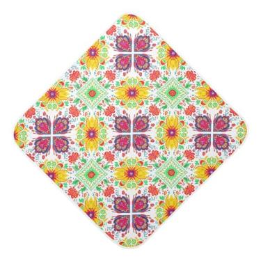 Imagem de Burbuja Toalha de banho de bebê com azulejos de flores coloridas - Toalha com capuz de musselina macia e absorvente para recém-nascidos, 89 x 89 cm