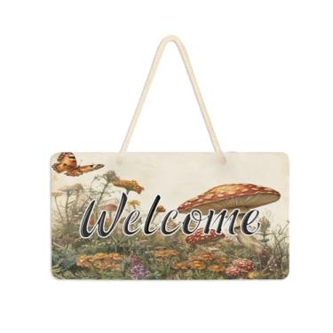 Imagem de Burbuja Placa de boas-vindas vintage de flores de cogumelo para porta da frente, placa de boas-vindas de PVC para pendurar na parede varanda casa de fazenda, decoração de feriados, 15 x 28 cm