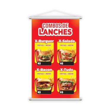 Imagem de Banner de Lanches Combo, Painel de Menu para Restaurante Fast Food, Vermelho e Amarelo, 60x40cm, com Suporte para Fixação