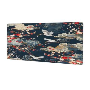 Imagem de Tapete de rato japonês com flor de guindaste étnico grande, impermeável, tapete protetor de mesa estendido para computador, base de borracha antiderrapante para escritório, computador, teclado, laptop