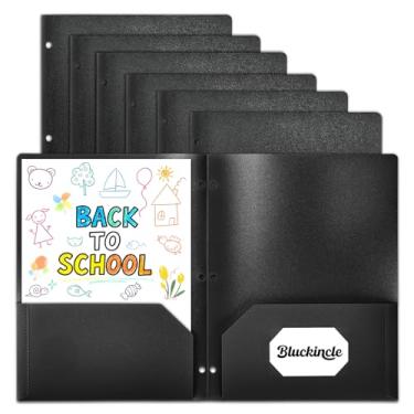 Imagem de Pastas de plástico com bolsos perfuradas com 3 furos, pastas de bolso para fichário de 3 anéis, pacote com 6 pastas pretas para escola, escritório, documentos, pasta de 2 bolsos com furos e