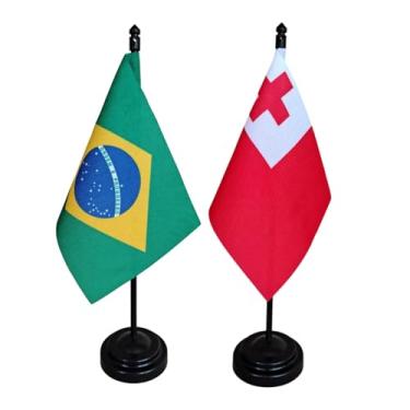 Imagem de Kit Bandeira de Mesa Brasil e Tonga, Decorativa, 26cm Altura Total, Multicolorido, 18x11cm, Escritório e Eventos, Oxford, Base Plástica, Face Única