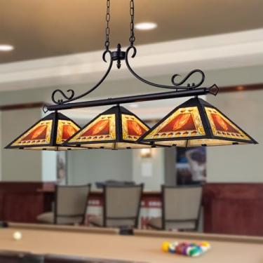 Imagem de TOCHIC Luz de mesa de bilhar - Lustre de casa de fazenda de 125,7 cm com 3 luzes Tiffany para sala de jantar, mesas de bilhar, sala de jogos, porão, bar - luminária de folhas rústicas para mesas de