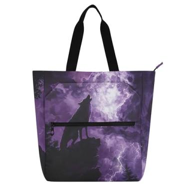 Imagem de Sacola feminina de trabalho violeta com lobo uivando e luando, bolsa escolar, bolsas para professores, presentes para amantes de livros