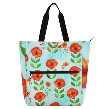Imagem de GAIGEO Sacola feminina azul com flores vermelhas aquarela, para trabalho, praia, escola, bolsa de mão de professor, com compartimentos
