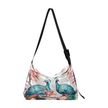 Imagem de GAIGEO Bolsa de ombro ajustável rosa vermelha com folhas, bolsa tiracolo vegana, bolsa feminina de couro, Dois pavões na árvore-1, One Size