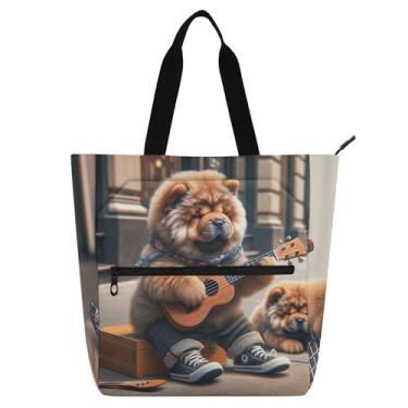 Imagem de GAIGEO Bolsa feminina para trabalho de cachorro Ukulele Chow Chow para cachorros, lona, praia, livros, zíper, professores, bolsas para amantes de livros