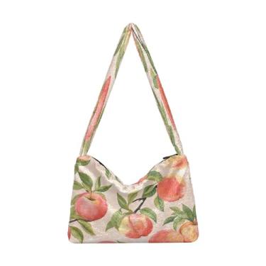 Imagem de Bolsa de ombro feminina com flor de peônia rosa, bolsa de mão com zíper, sacola feminina jovem, Pêssegos aquarela-1, One Size