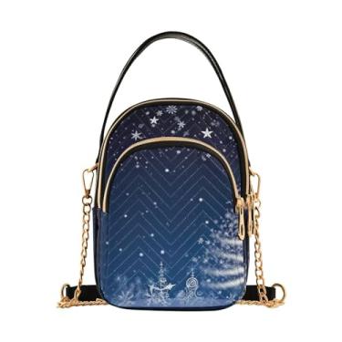 Imagem de GAIGEO Bolsa tiracolo xadrez vermelha e preta e flocos de neve com alça removível, bolsa transversal feminina, Neve azul com árvore de Natal e flocos de neve-1, One Size