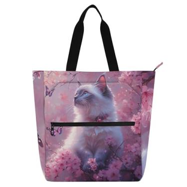 Imagem de Bolsa feminina com estampa floral de gato siamês flor de cerejeira para professores, trabalho, escola, zíper, livro