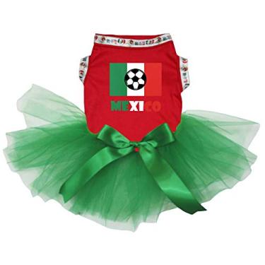 Imagem de Petitebella Vestido de cachorro tutu verde petróleo bandeira do México camiseta vermelha (XGG, vermelho)