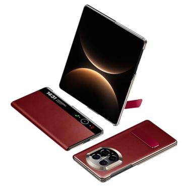 Imagem de FWYANZH Capa de couro genuíno para Huawei Mate X7, capa de proteção magnética flip com suporte, janela de visualização transparente, capa de luxo para negócios, à prova de choque, vermelha, Mate X7
