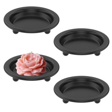 Imagem de Conjunto de 4 peças de placas de vela de ferro preto fosco, bandeja de suporte de placa de vela de ferro para mesa central, estilo pires de metal para pilar, perfumado, sem chama, vela decorativa