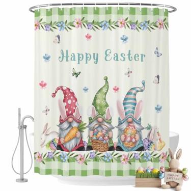 Imagem de Funnywall88 Cortinas de chuveiro de Páscoa para banheiro Gnomo Spring Stall Conjunto de cortinas de banheiro de poliéster à prova d'água Happy Easter Eggs Cenoura Floral Decorações de banheira 182 x