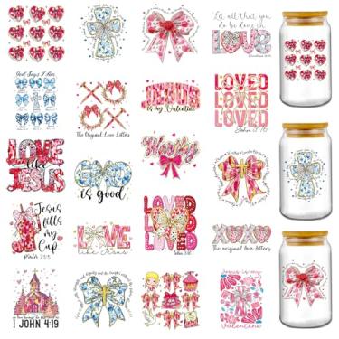 Imagem de Envelopes de copo DTF UV Valentine - 20 folhas vermelho azul coração laços UV DTF adesivos para garrafa de água de vidro de 473 ml, adesivo de transferência à prova d'água XOXO Rose Castle DIY Tumbler