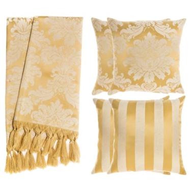Imagem de Kit Manta para Sofá Jacquard 1.8x1.4m + 4 Capas de Almofada 45x45cm - Conjunto Protetor e Decorativo com Franjas Artesanais(Dourado 02)