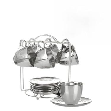 Imagem de Conjunto de Xícaras de Chá e Café 170ml com Pires e Suporte Dourado em Vidro – Jogo Decorativo Elegante para Mesa Posta(Prata)