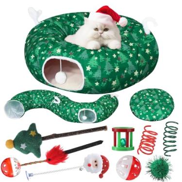Imagem de Dansydaisy Cama de túnel para gatos de Natal com 8 brinquedos para gatos, cama de túnel de pelúcia fofa para cães com almofada lavável e bolas penduradas, parquinho multifuncional de 1,5 m para