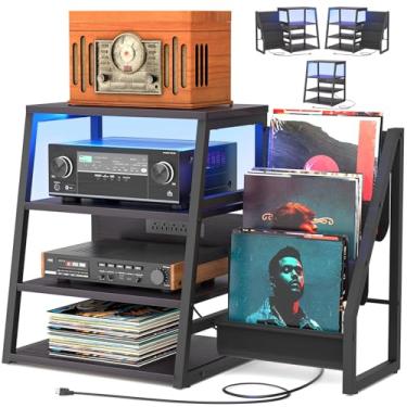 Imagem de Suporte de mídia AV com tomadas, suportes estéreo e prateleiras com armazenamento de vinil, suporte estéreo com armazenamento de discos, gabinete de rack estéreo de áudio, suporte de console de