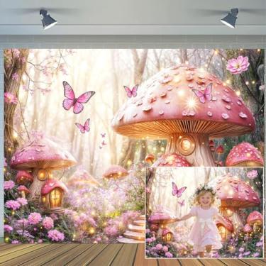 Imagem de 2,1 x 1,5 m Floresta Encantada Pano de fundo para foto de casa de cogumelo rosa, jardim de conto de fadas, floresta para meninas, faixa de festa de princesa, tema de cabana de cogumelo mágico, chá de