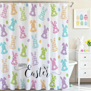 Imagem de Mocsicka Cortina de chuveiro Coelhinho da Páscoa Colorida Coelhos Fofos Ovos de Páscoa Cortina de Chuveiro Tecido Impermeável Primavera Férias Cortinas de Chuveiro Decoração de Banheira com 12 Ganchos