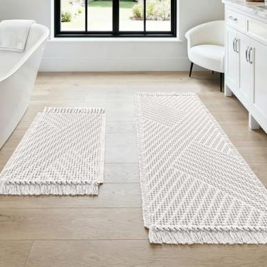 Imagem de H.VERSAILTEX Tapete de banho waffle super absorvente boho tapete de banho antiderrapante para banheiro lavável na máquina tapetes de banheiro secagem rápida com borlas (114 x 43 mais 43 x 61 cm
