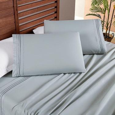 Imagem de Jogo Cama Lençol Honore Queen Micro Percal 200 Fios C/ Detalhes Bordados 4 Peças - Cinza Geada