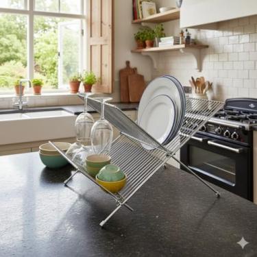 Imagem de Escorredor de Louças Dobrável Premium, Aço Carbono com Acabamento Cromado Espelhado, 37x24,5cm Aberto, 38x36cm Fechado, Organizador para Cozinha