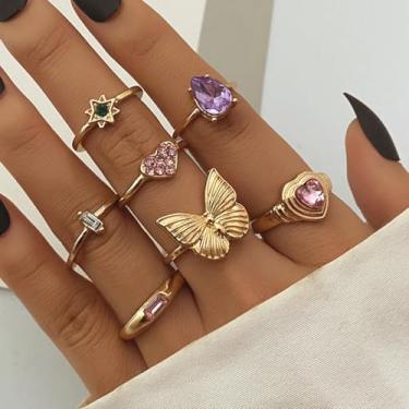 Imagem de Conjunto de anéis articulados vintage de 7 peças com detalhes de cristal, flor de borboleta, coração, lágrima, estrela marquesa, motivo, coleção de joias para mulheres, misture e combine várias